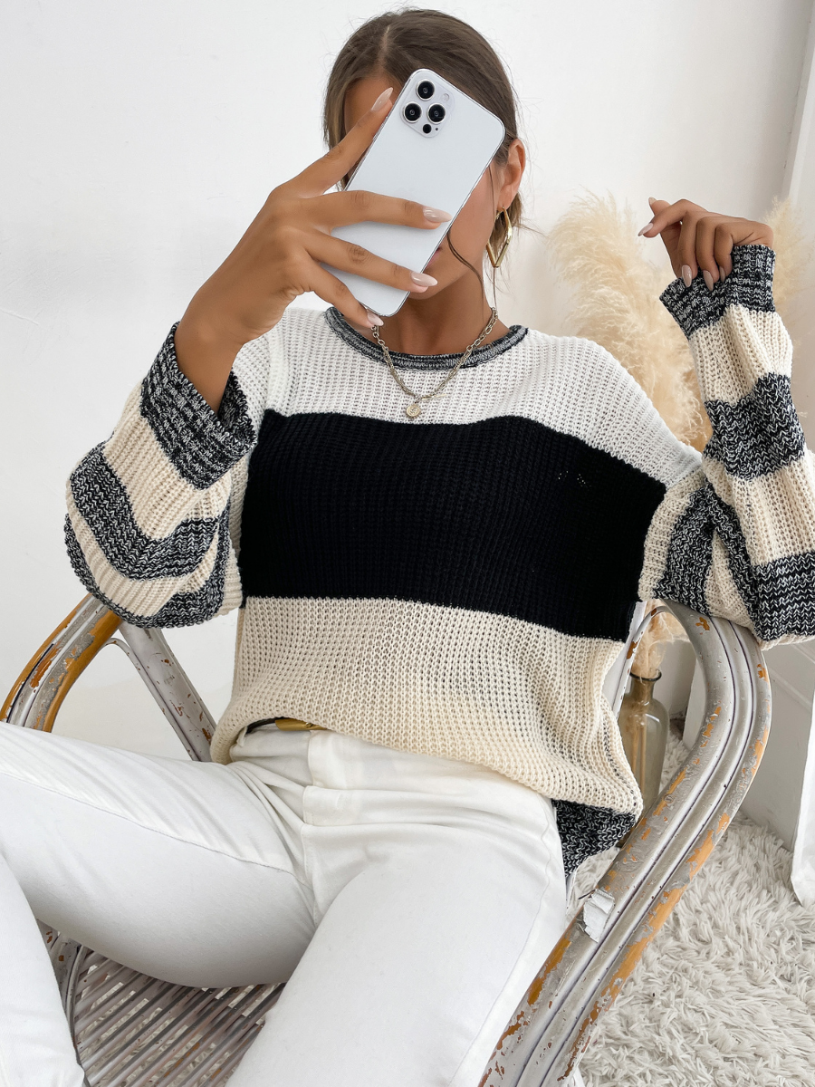 | Black Grey Stripe Block Sweater