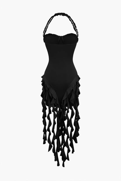 Color Ruffle Tassel Halter Bustier Mini Dress