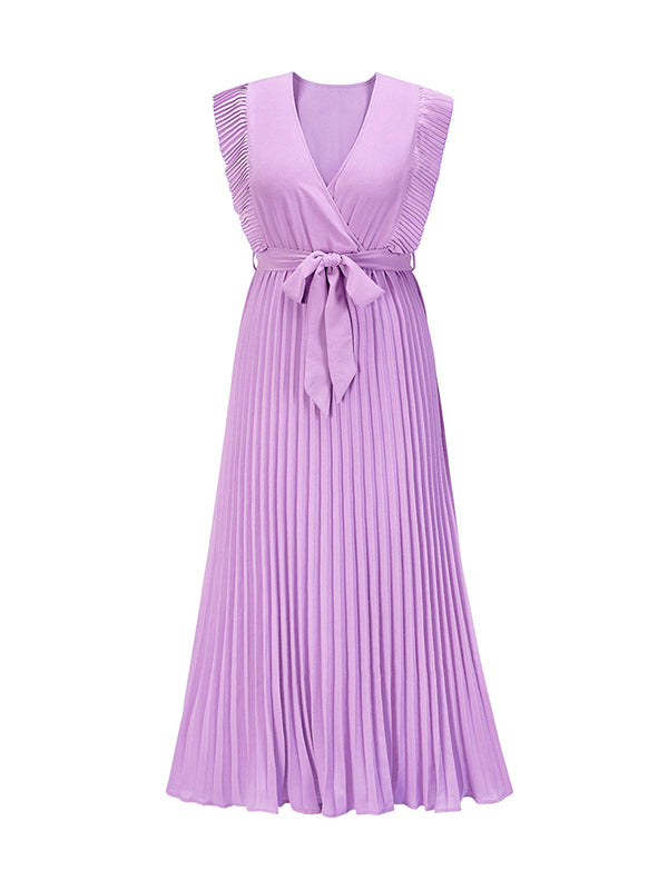 Loose Sleeveless Pleated Color Split-joint Tied Waist V-neck Maxi Dresses