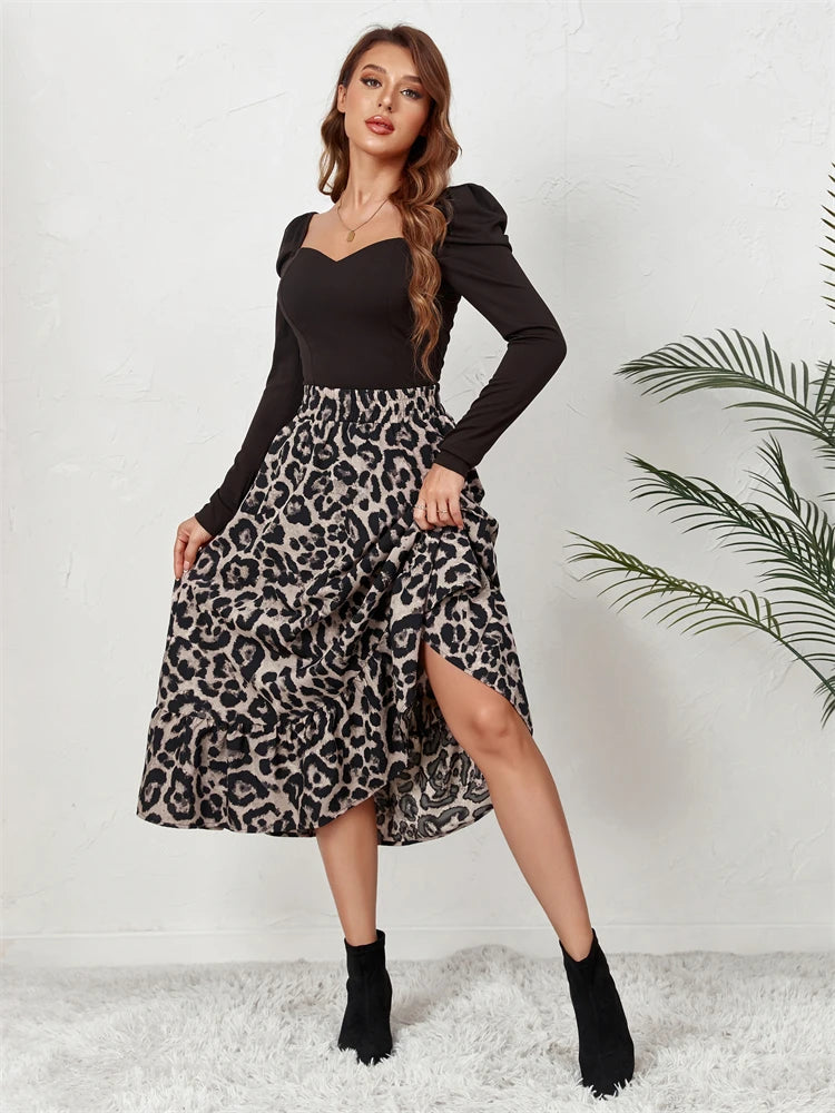 High Waist Leopard Midi Skirt for Printed Long Tulle Skirt Autumn New Chiffon A-line Skirt