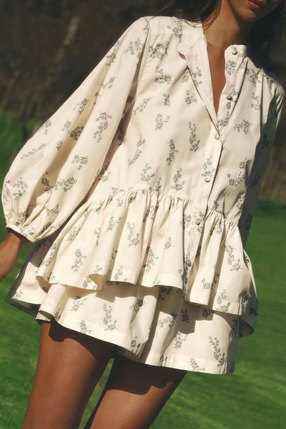 Puff Sleeve High Neck Ruffle Two Piece Set