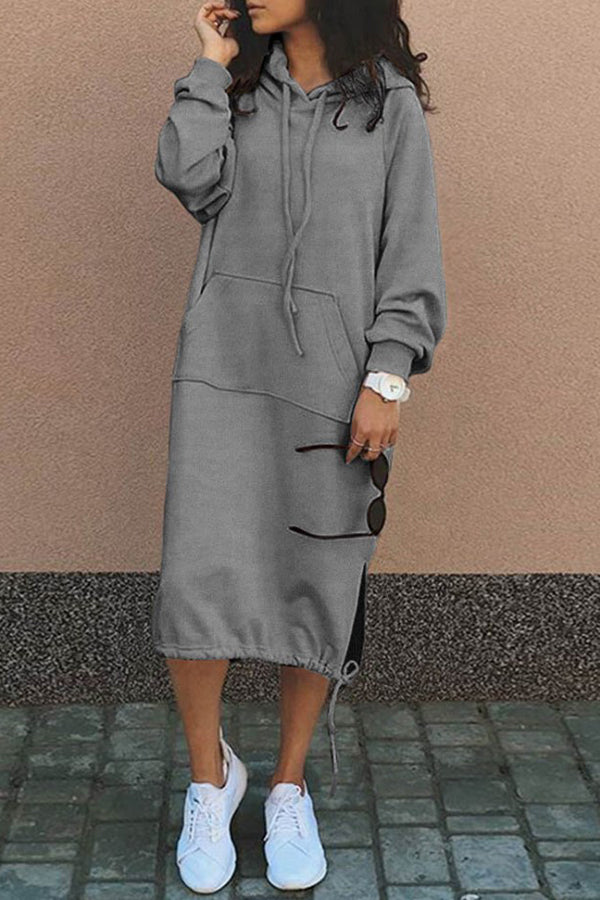 Color Hooded Lace-up Pocket Sweatshirt Style Midi Dress