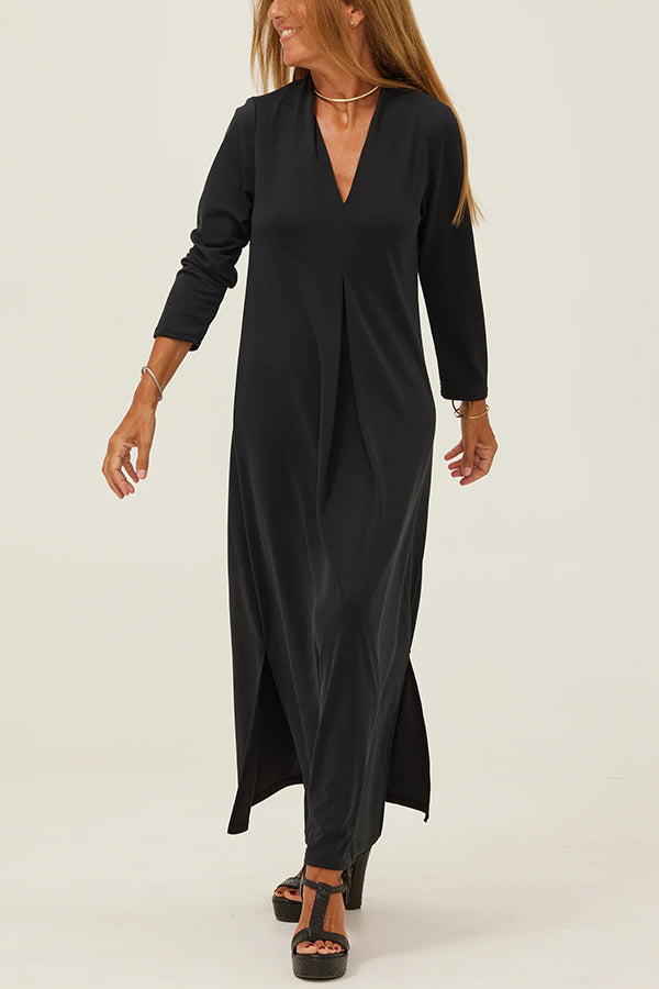 Color V-neck Slit Maxi Dress
