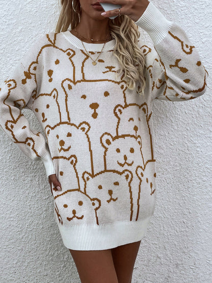 Smiley Polar Bear Knit Sweater Dress - White