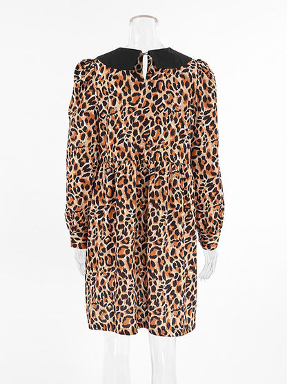 Loose Puff Sleeves Leopard Pleated Printed Split-joint Peter Pan Collar Mini Dresses Shirt Dress