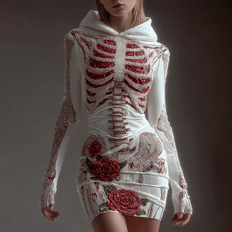 Women's Skeleton Roses Bandages Sequins Art Cozy Knit Hooded Mini Sweater Dress artswardrobe