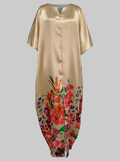 A-line Half Sleeves Elasticity Flower Print Split-front V-neck Maxi Dresses