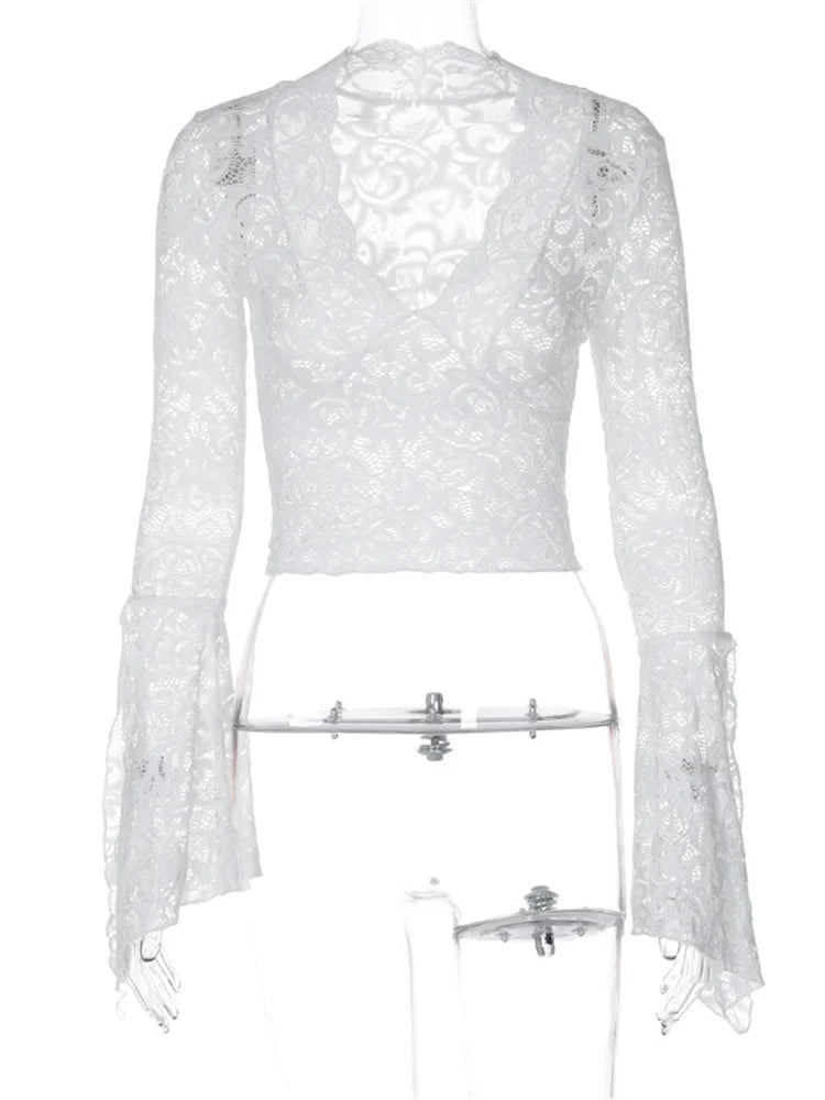 Lace See-through Y2k Top T-shirt V-neck Patchwork Hollow Out Cropped Top Night Club Clothes Crop Top