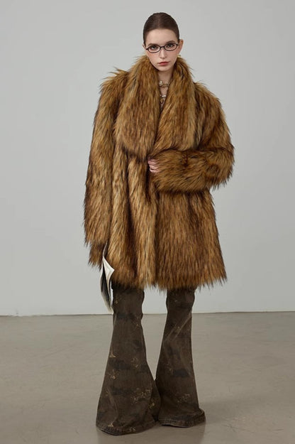 Plush Faux Animal Fur Loose Warm Mid-length Notch Collar Coat