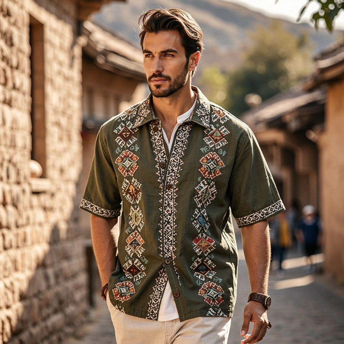 Men's Bohemian Tribal Embroidered Linen Short Sleeve Shirt elevenforest