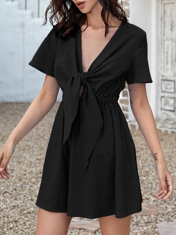 A-line Loose Elasticity Knot Pleated Color Deep V-neck Mini Dresses