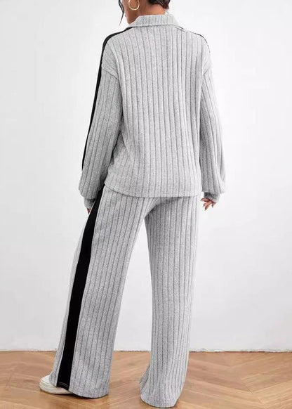 Effortless Luxe - Ribbed Knit Pullover and Wide-leg Pants Set