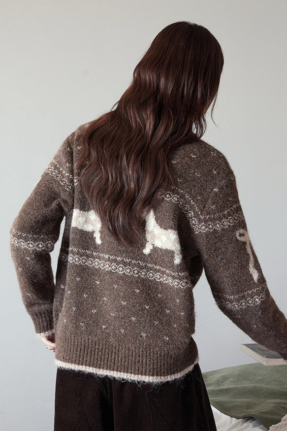 Stand Collar Puppy Print Jacquard Sweater