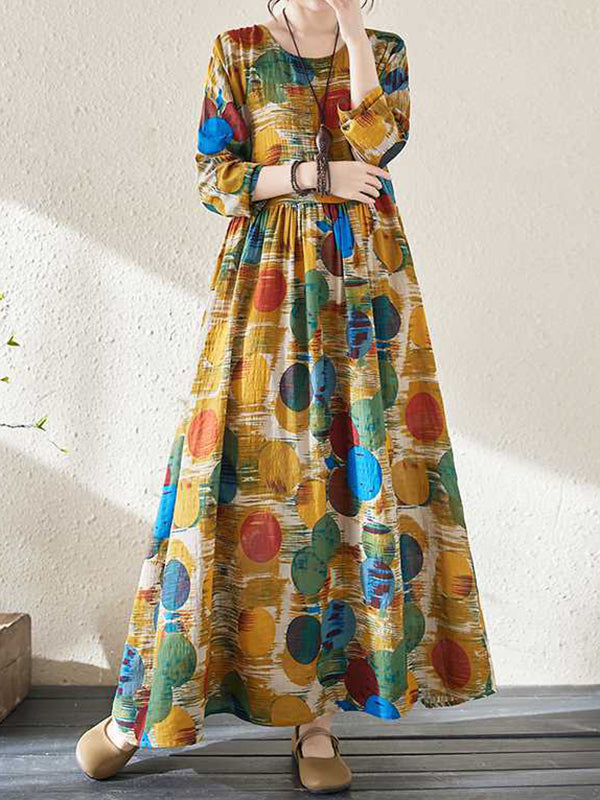 A-line Long Sleeves Pleated Polka-dot Split-joint Round-neck Maxi Dresses