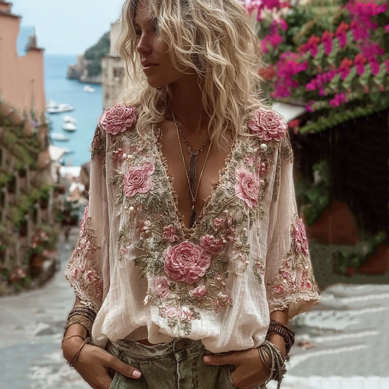 Women's Vintage Rose Floral Embroidery Art Comfy Linen Shirts elevenforest
