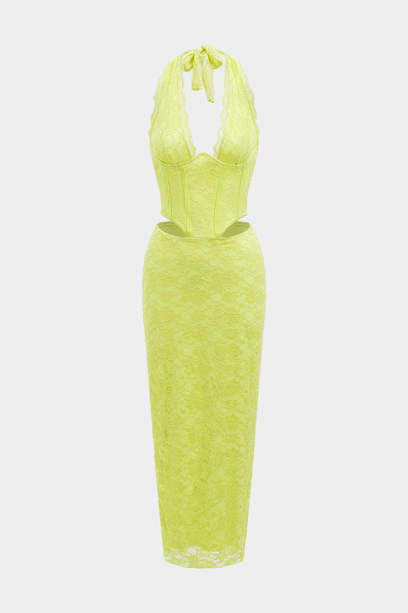 Halter Neck Backless Cut Out Corset Waist Maxi Dress