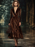 Lapel Fashion Party Leopard Print Velvet Long Sleeve Midi Dress
