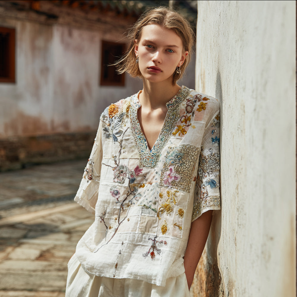 Bohemian-style Japanese Art Style Plant And Flower Embroidery V-neck Short-sleeved Shirt elevenforest