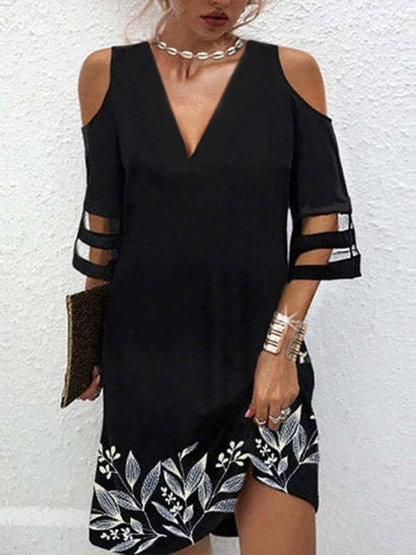 Half Sleeves Loose Hollow Leaves Print Mesh Split-joint Cold Shoulder Mini Dresses