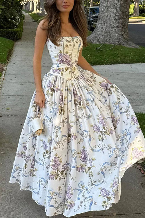Moxidress Spaghetti Strap Print Bustier A-line Maxi Dress