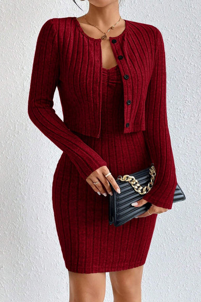 Slim Crop Cardigan Dress Two Piece Set