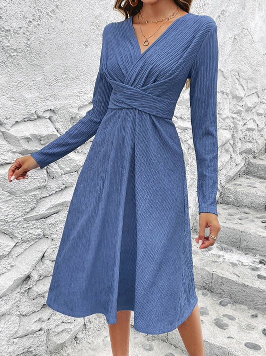 Long Sleeves Loose Pleated Color Split-joint V-neck Midi Dresses