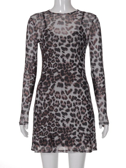 Julissa Mo Print Leopard Two Piece Sets Dress See Through Long Sleeve Dress Female Autumn Slim Party Clubwear