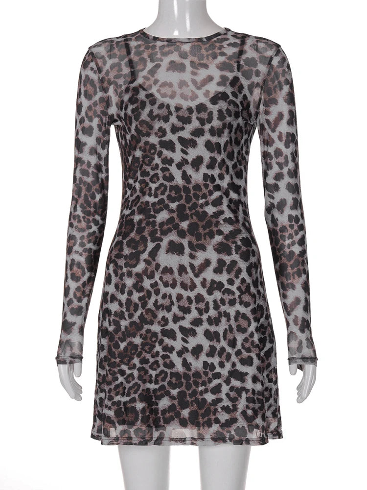Julissa Mo Print Leopard Two Piece Sets Dress See Through Long Sleeve Dress Female Autumn Slim Party Clubwear