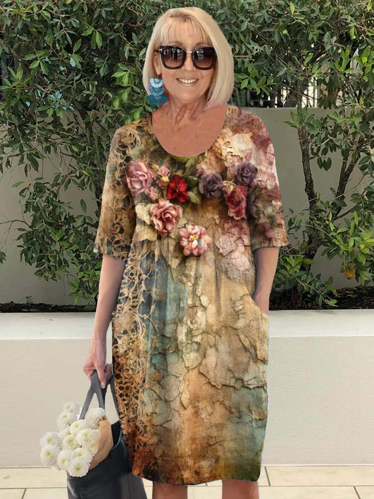 Vintage Chic Floral Print Pocket Midi Dress