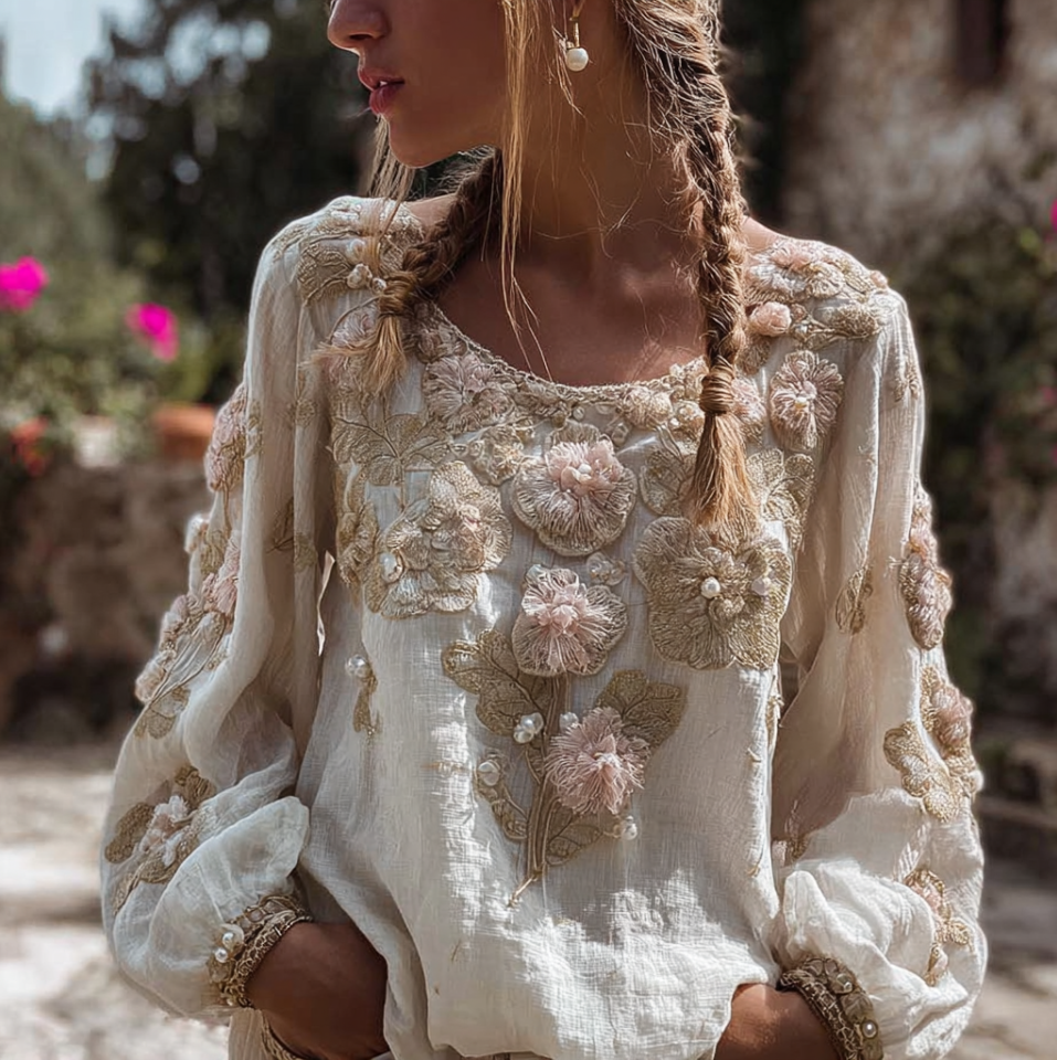 Bohemian Style Three-dimensional Flower Pattern Women's V-neck Long-sleeve Cotton And Linen Shirt elevenforest