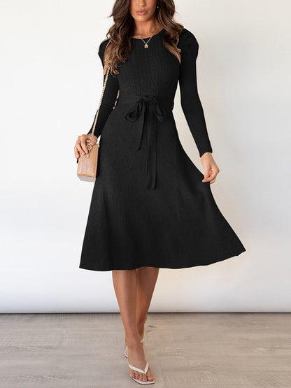 High Waisted Long Sleeves Color Tied Waist Round-neck Midi Dresses Sweater Dresses