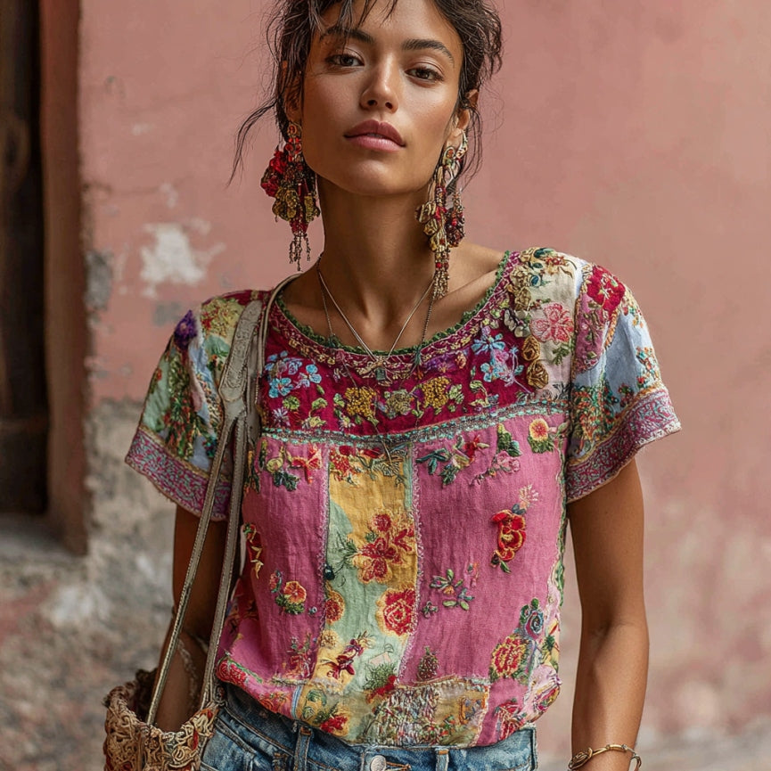 Women's Vintage Bohemian Floral Embroidery Art Round Neck Short Sleeve T-shirt elevenforest