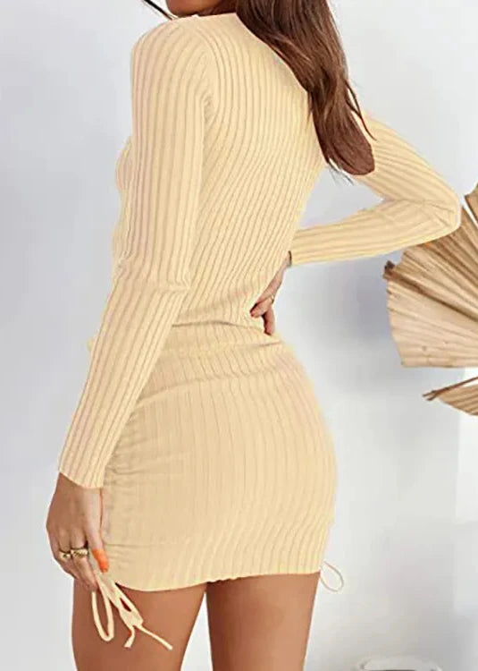 Drawstring Knit Long-sleeve Mini Dress - Fall Essential