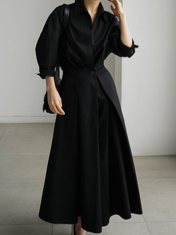 Long Sleeves Loose Pleated Color Split-joint Tied Waist Lapel Midi Dresses Shirt Dress
