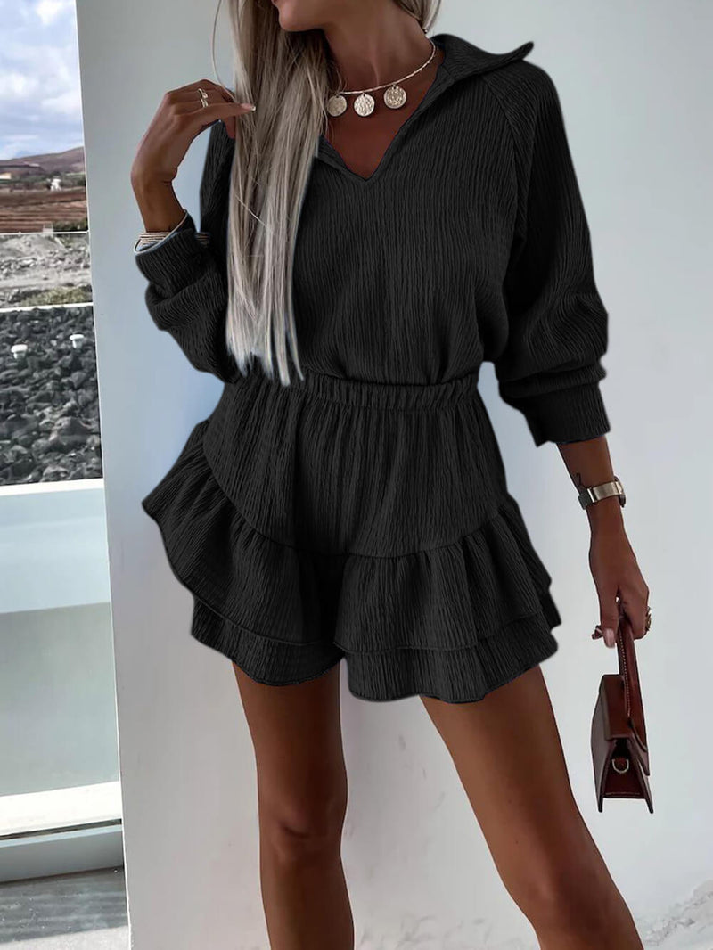 V-neck Shirt and Flared Skort Two-piece Set