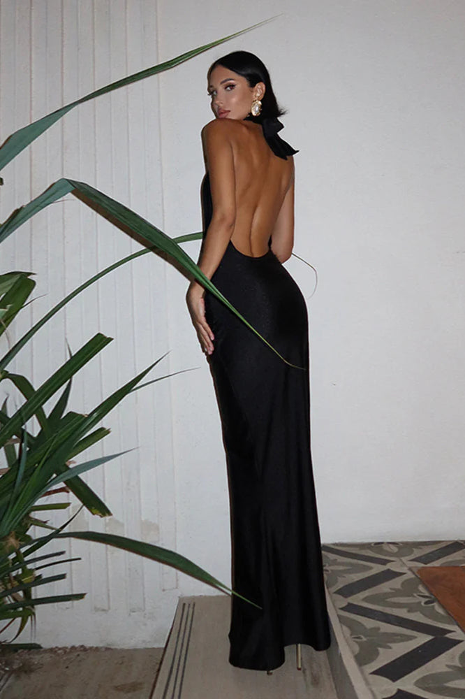 V-neck Halter Backless Slit Maxi Dress