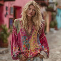 Women's Floral Embroidery Art Colorblock Linen Blend V-neck Boho Shirt elevenforest