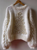 Vintage Christmas Trees Pearls Beaded Cozy Fuzzy Sweater artswardrobe