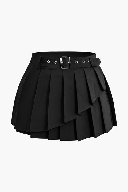 Color Y2k Buckle Layer Pleated Mini Skirt