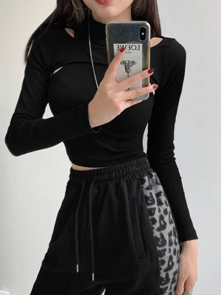 Hollow Knitted Crop Tops New Fitness Fake Two-piece T-shirt Female Black White Long Sleeve Tops