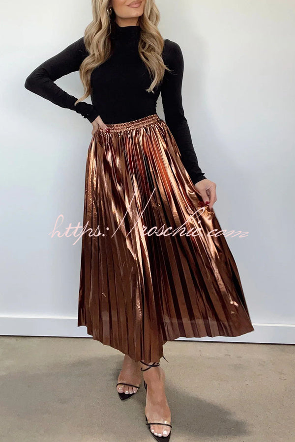 Yuletide Glow Metallic Fabric Pleated Elastic Waist Midi Skirt