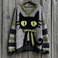 Comstylish Halloween Black Cat Striped Knit V-neck Sweater