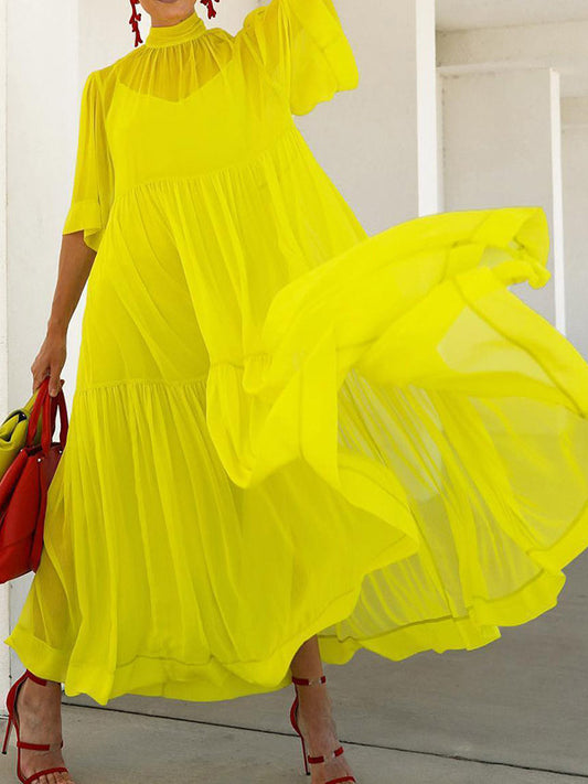 Loose Color Split-joint Inner Dress + Mesh Pleated Mock Neck Outer Dress Two Pieces Set