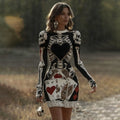 Comstylish Women's Vintage Halloween Skeleton Bones With Circus Harlequin Poker Art Cozy Knit Mini Sweater Dress