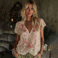 Women's Vintage Floral Art Linen Blend V Neck T-shirt elevenforest