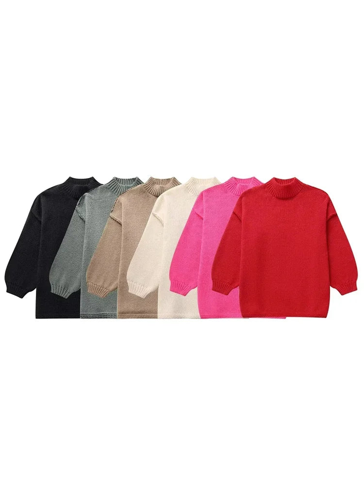 Autumn Knit Sweater Pullover Female Loose Turtleneck Patchwork Oversized Sweater Knitwear High Street Pullover