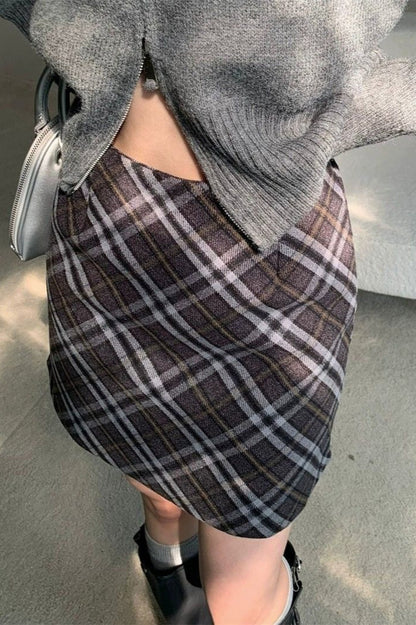 Tweed Plaid High Waist Fitted Short Skirt