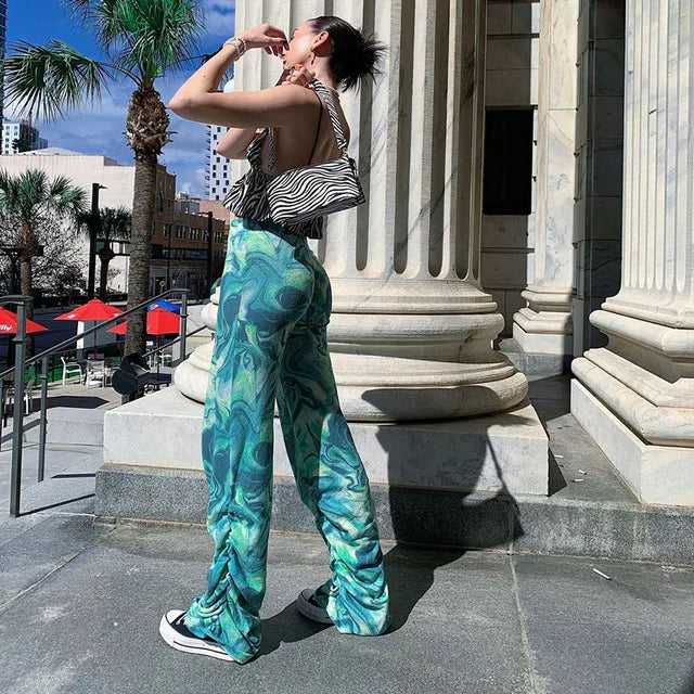 Printed Straight Leg High Waist Trousers Spring New Harajuku Long Pants Female