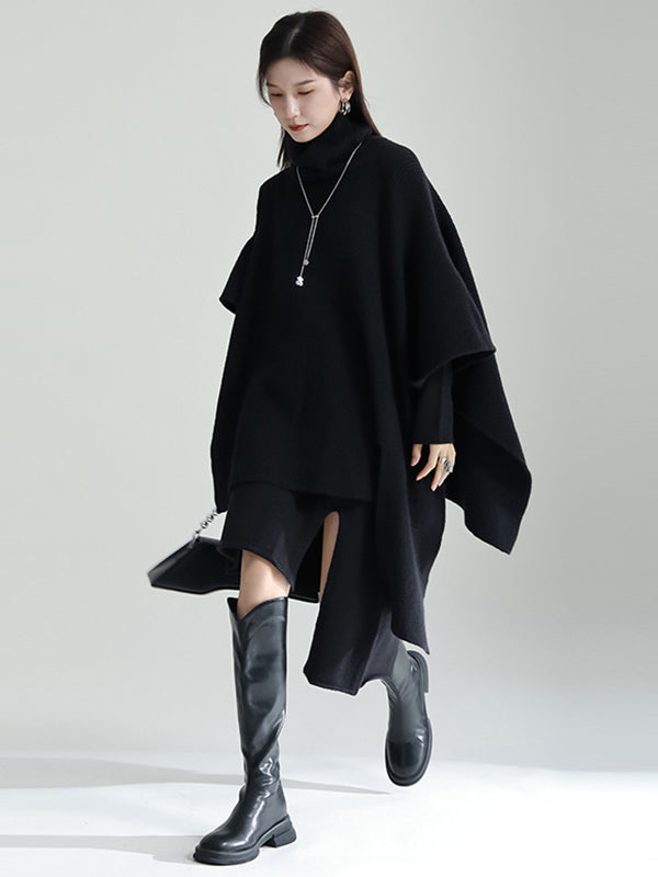 Long Sleeves Loose Color High-neck Shawl&sweater Dresses Two Pieces Set