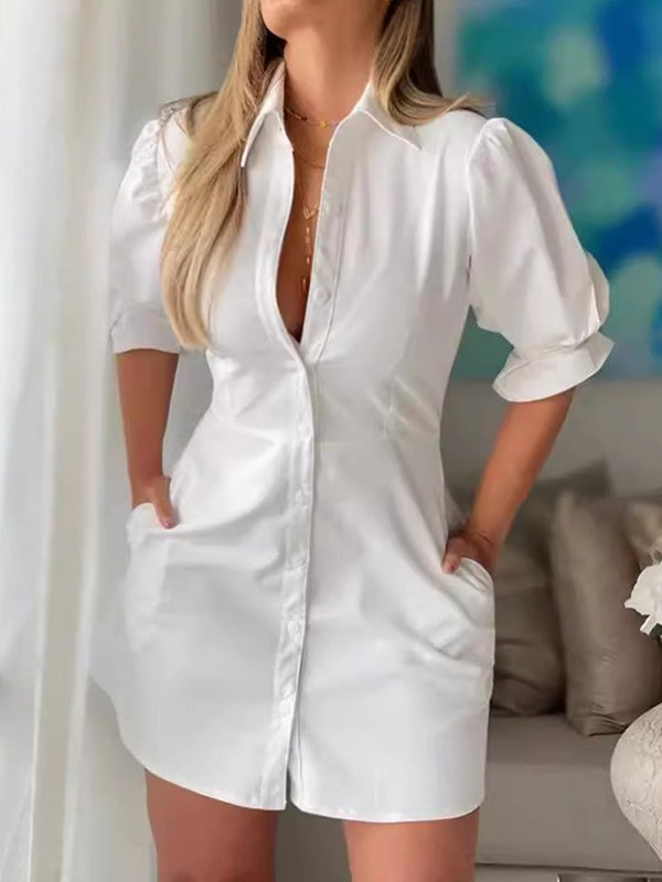 Puff Sleeves Short Sleeves Color Split-joint Lapel Mini Dresses Shirt Dress